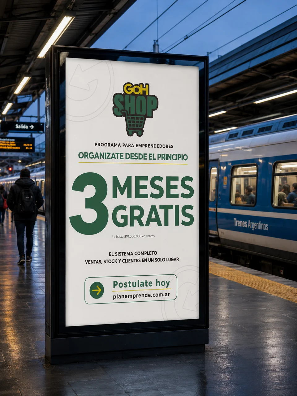 Pieza de la campaña Plan Emprender en un cartel urbano de estación de tren